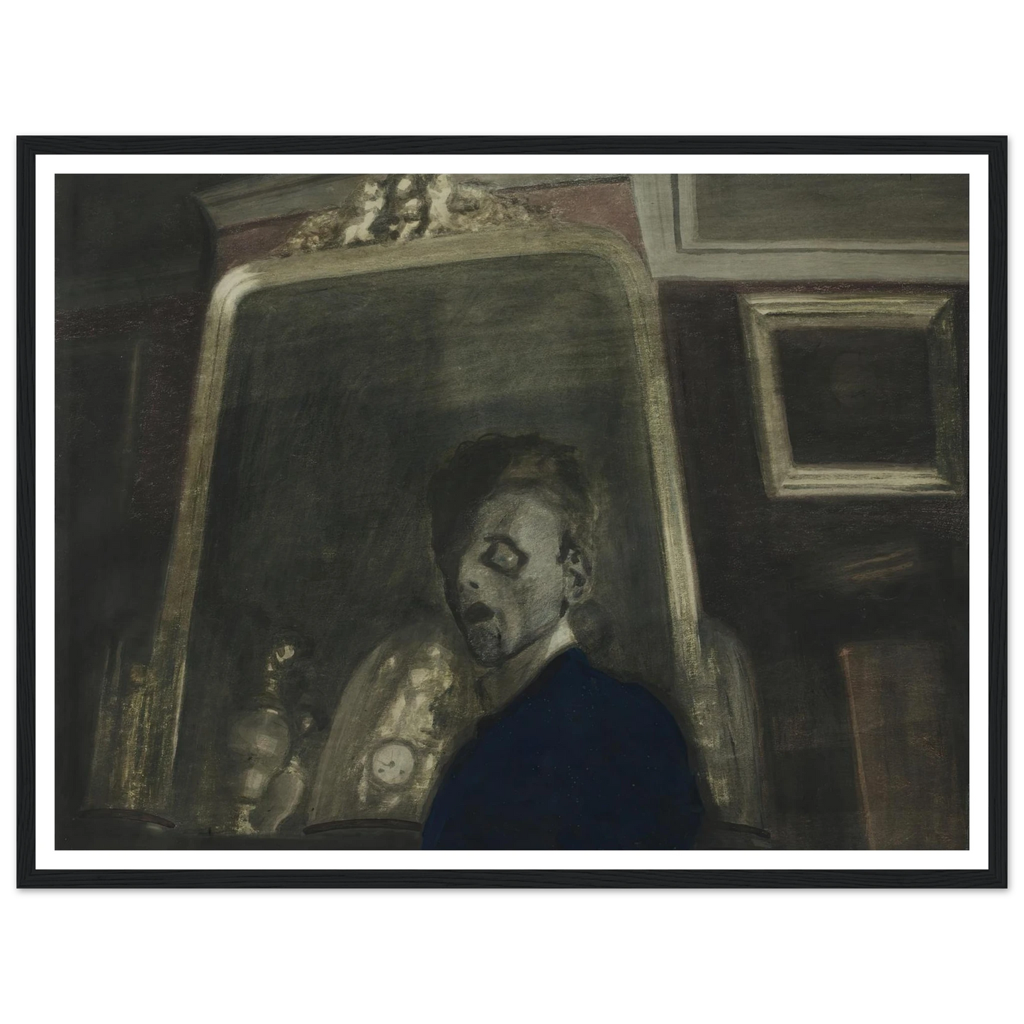 Zelfportret met spiegel (1908) Art Print | Leon Spilliaert - Framed Poster - 30x40 cm / 12x16″ - Black frame