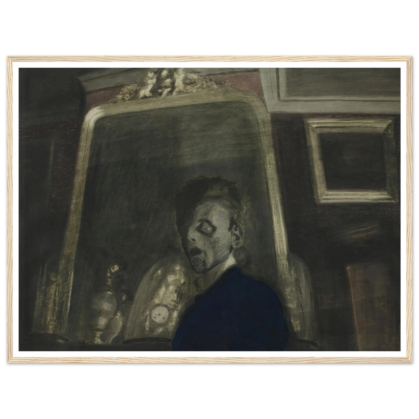 Zelfportret met spiegel (1908) Art Print | Leon Spilliaert - Framed Poster - 30x40 cm / 12x16″ - Black frame