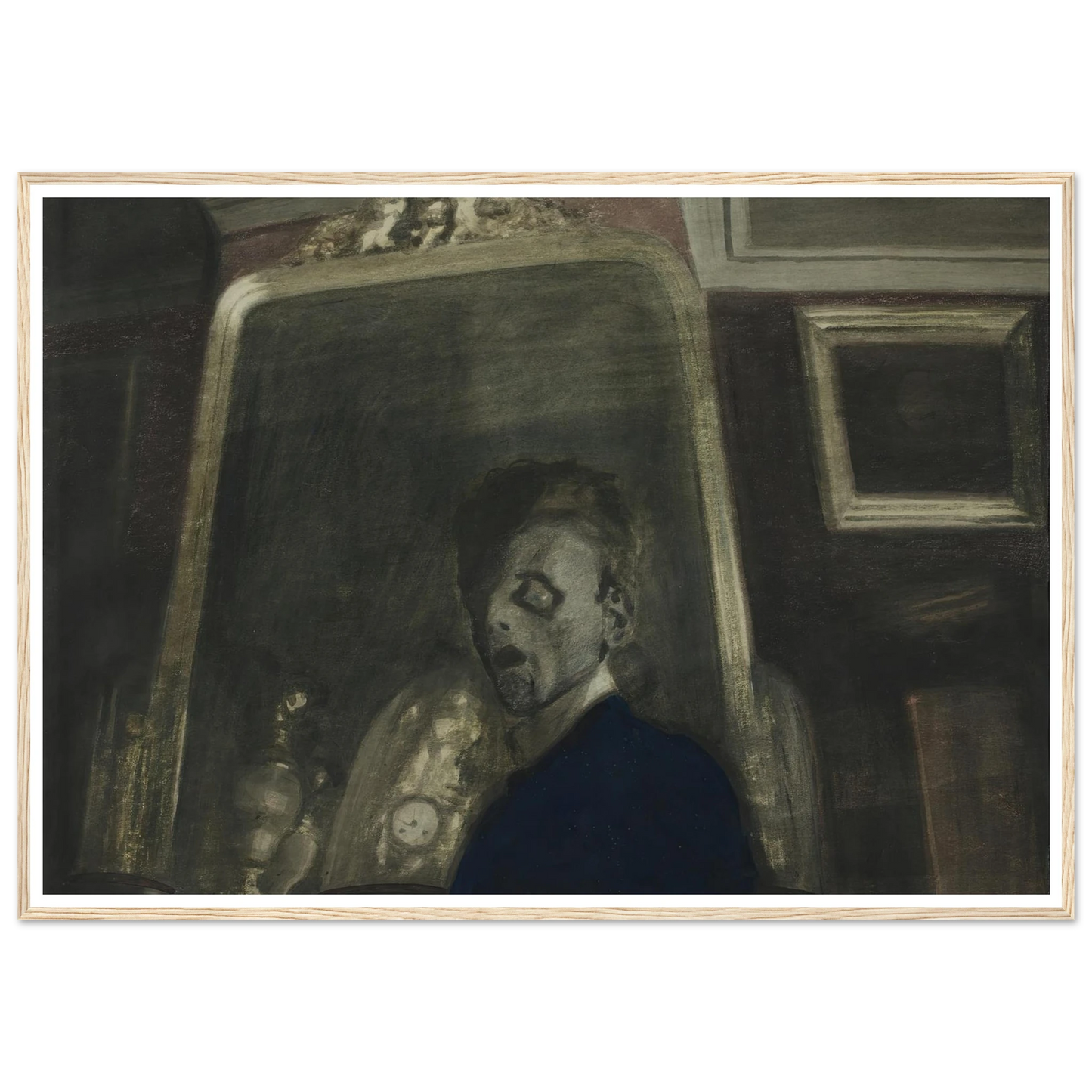 Zelfportret met spiegel (1908) Art Print | Leon Spilliaert - Framed Poster - 30x40 cm / 12x16″ - Black frame