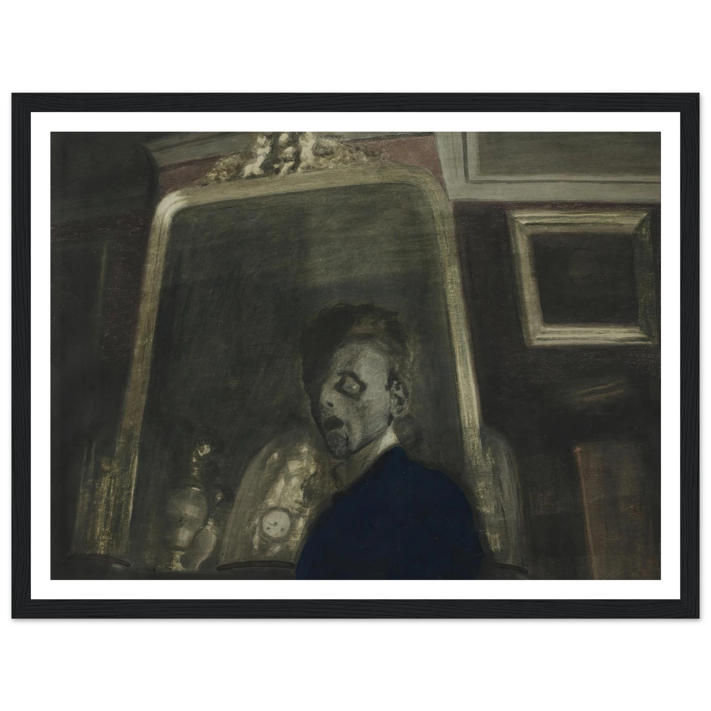 Zelfportret met spiegel (1908) Art Print | Leon Spilliaert - Framed Poster - 30x40 cm / 12x16″ - Black frame