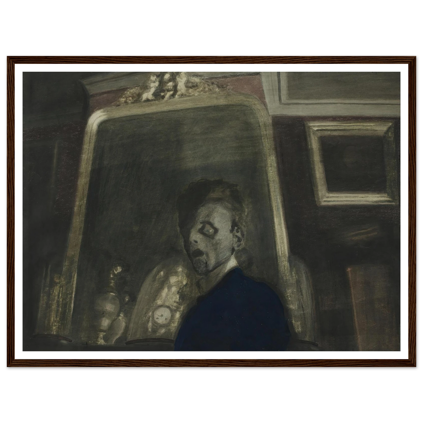 Zelfportret met spiegel (1908) Art Print | Leon Spilliaert - Framed Poster - 30x40 cm / 12x16″ - Black frame