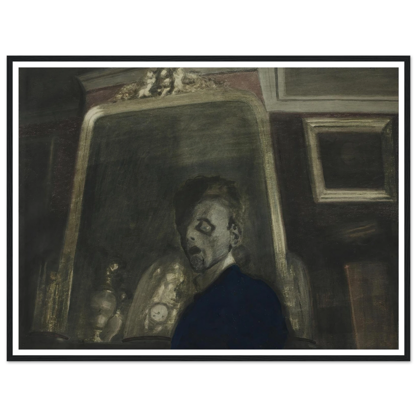 Zelfportret met spiegel (1908) Art Print | Leon Spilliaert - Framed Poster - 30x40 cm / 12x16″ - Black frame